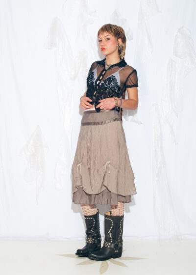 Reworked Vintage Y2K Coquette Bow Midi Skirt in Brown