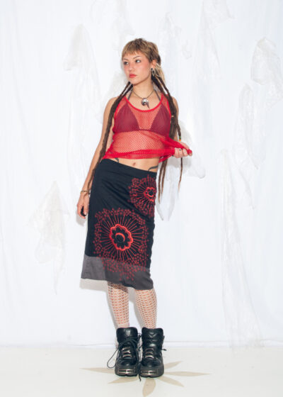 Vintage Y2K Midi Skirt in Red with Flower Embroidery