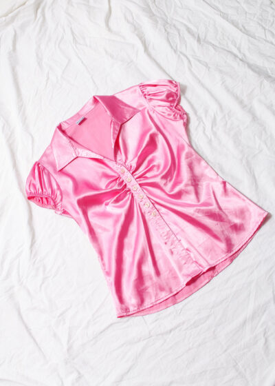 Vintage Y2K Ruched Satin Blouse in Barbie Pink