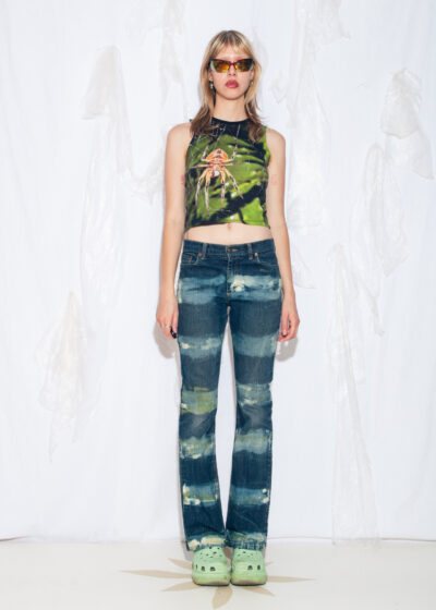 Reworked Vintage Y2K Flare Jeans in Hand Painted Green Blue