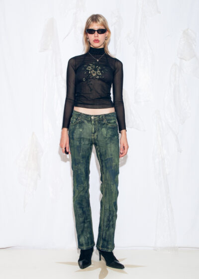 Reworked Vintage Y2K Dirty Painted Flare Jeans in Green