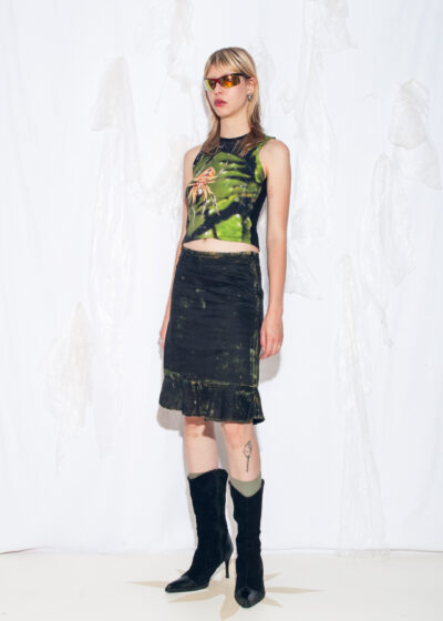 Reworked Vintage Y2K Linen Midi Skirt in Black Dirty Painted