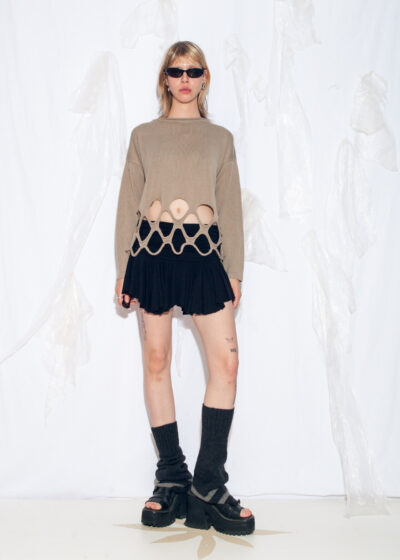 Vintage Y2K Openwork Knit Jumper in Beige