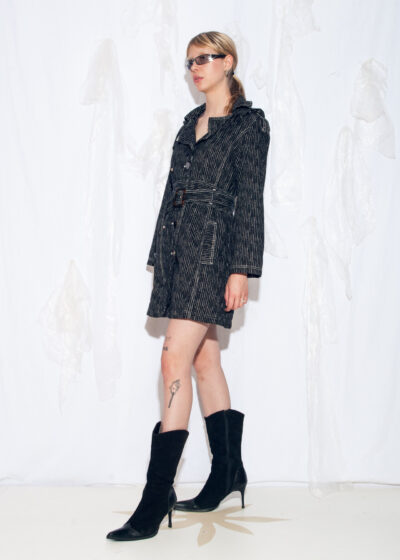 Vintage Y2K Pinstriped Trench Coat in Black