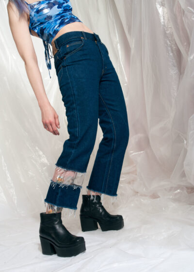 Vintage jeans 90s reworked clear PVC panel crop denim pants