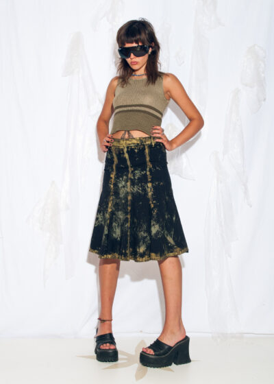 Reworked Vintage Y2K Midi Skirt in Hand Painted Black Green