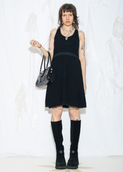 Vintage Y2K Embroidered Midi Dress in Black