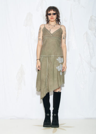 Reworked Vintage Y2K Midi Dress in Mud Wash Green Linen
