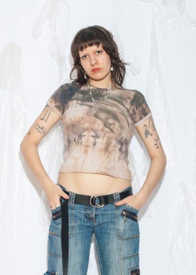 Vintage Y2K Tattoo Print Baby Tee in Brown