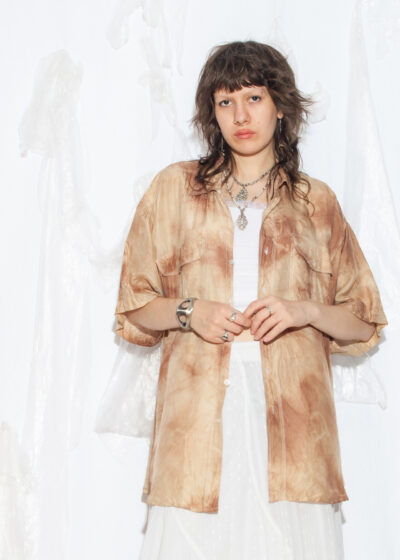 Reworked Vintage 80s Pure Silk Shirt in Brown and Beige