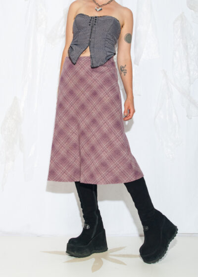 Vintage 70s Plaid Preppy Midi Skirt in Pink