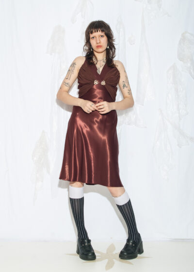 Vintage Y2K Satin Midi Evening Dress in Brown