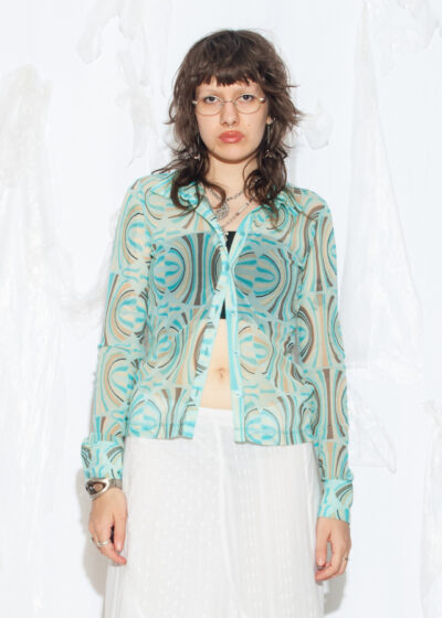 Vintage Y2K Mesh Shirt in Blue with Geometric Pattern