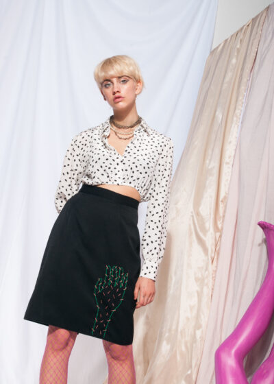 Vintage skirt 90s reworked cactus hand embroidery midi skirt