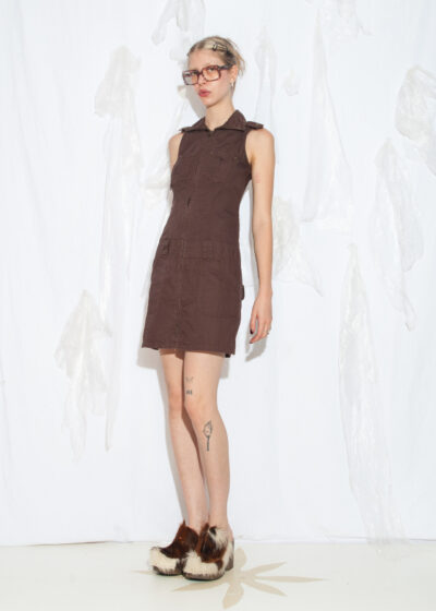 Vintage Y2K Zip Mini Dress in Brown Cotton