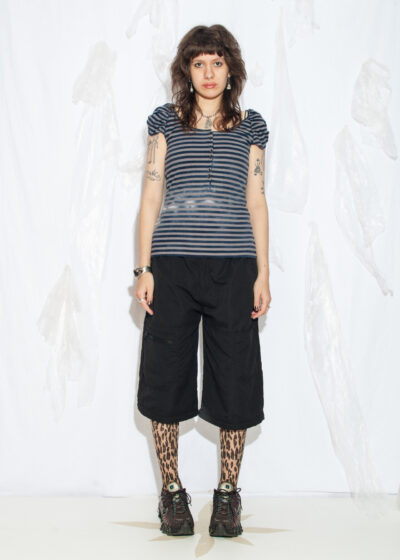 Vintage Y2K Drykorn Puff Sleeve Top in Grey and Blue Stripe