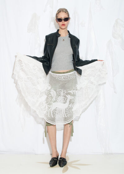 Reworked Vintage 60s Crochet Lace Forest Deer Skirt in White