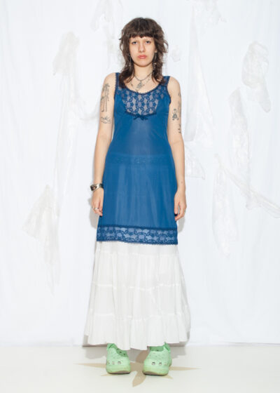 Vintage 70s Sheer Lace Slip Dress in Blue