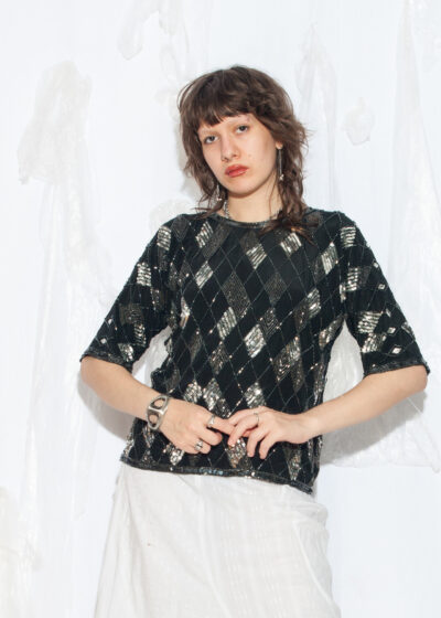 Vintage 80s Silver Beaded Pure Silk Party Top