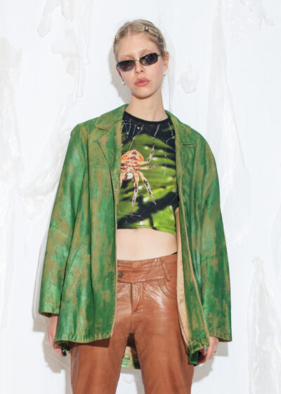 Reworked Vintage Y2K Leather Coat in Painted Metal Green