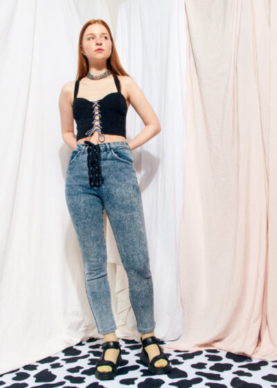 Vintage Jeans 80s Reworked Acid-wash Lace-up Denim Trousers