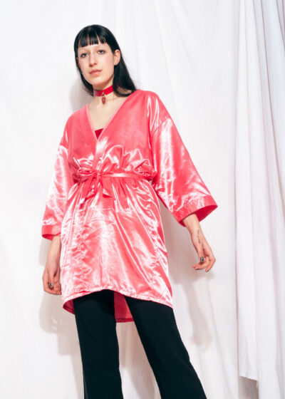 Vintage Robe Y2K Pink Satin Oversized Kimono Coat