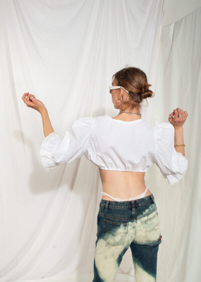 Vintage Crop Blouse 70s Reworked Puff Sleeve Peasant Top