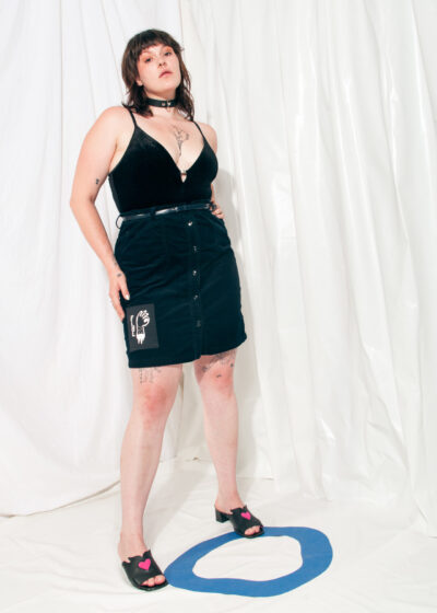 Reworked Skirt Y2K Button Front Black Cord FINE Patch Mini