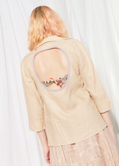 Reworked Vintage Shirt 90s Beige Linen Open Back Blouse
