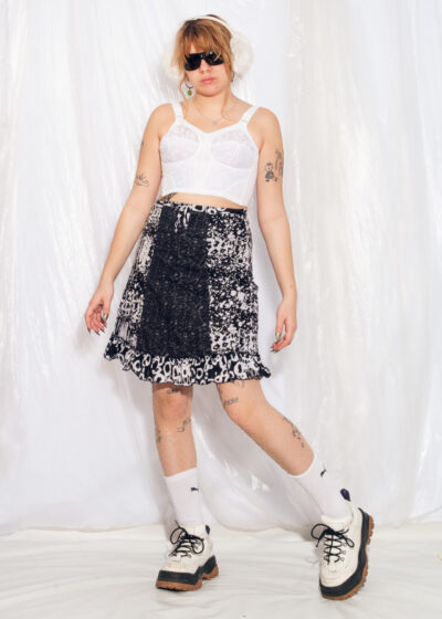 Vintage Skirt Y2K Frilly Monochrome Printed Cotton Midi