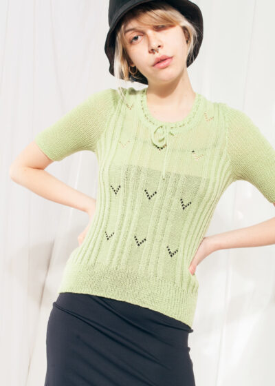Vintage Knit Top 70s Openwork Baby Tee in Pastel Green