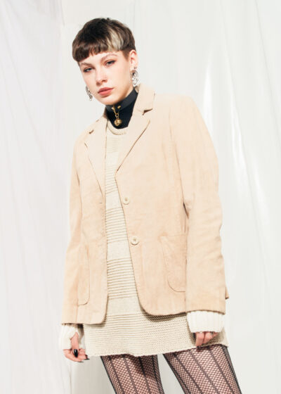 Vintage Leather Jacket Y2K Real Suede Blazer Coat in Beige