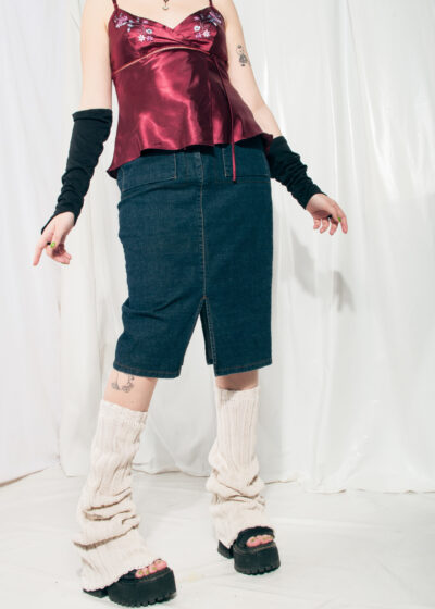 Vintage Denim Skirt Y2K Middle Rise Midi in Dark Blue