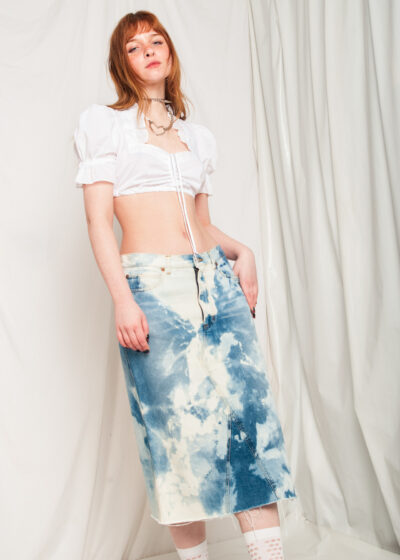 Vintage Denim Skirt Y2K Reworked Bleached Midi in Blue