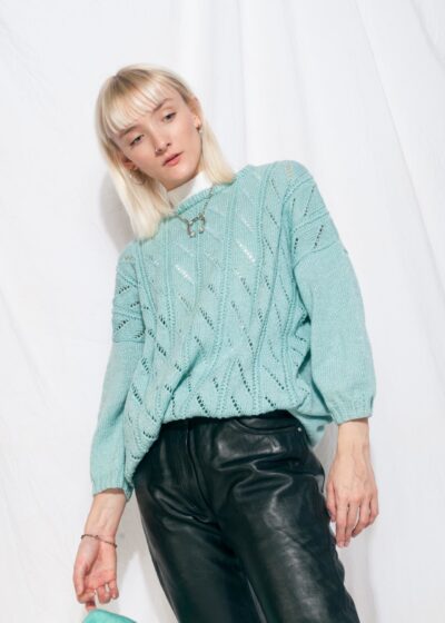 Vintage 80s Handmade Openwork Knit Jumper in Mint