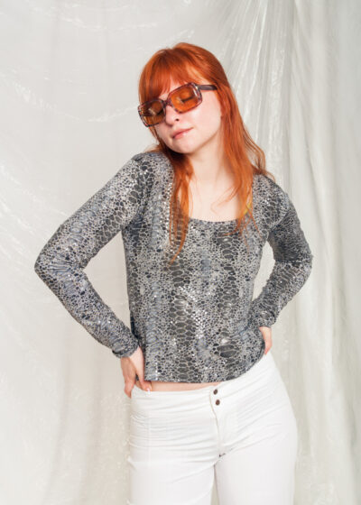Vintage Top 90s Y2K Shiny Party Tee in Silver Snake