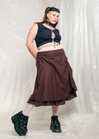 Vintage Skirt Y2K Ruched Midi in Brown Cotton