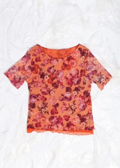 Vintage Y2K Mesh Rose Pattern Baby Tee in Orange