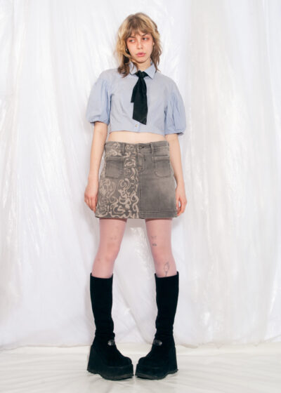 Vintage Denim Skirt Y2K Painted Flame Mini in Grey
