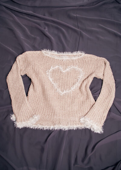 Reworked Knit Jumper Y2K Heart Embroidery Sweater in Beige