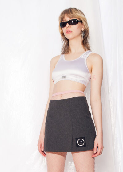 Vintage Skirt Y2K Reworked Sad Smiley Patch Mini in Grey