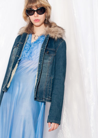 Vintage Dnim Jacket Y2K Faux Fur Collar Coat in Blue