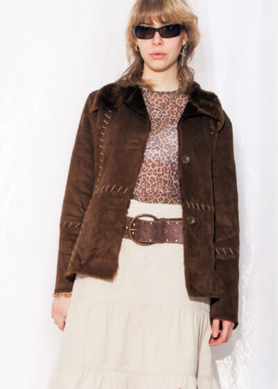 Vintage Shearling Jacket Y2K Faux Suede Coat in Brown