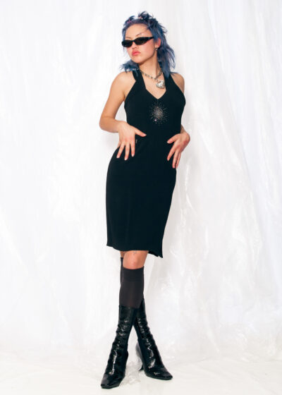 Vintage Dress 80s LBD Evening Party Midi Rhinestone Star