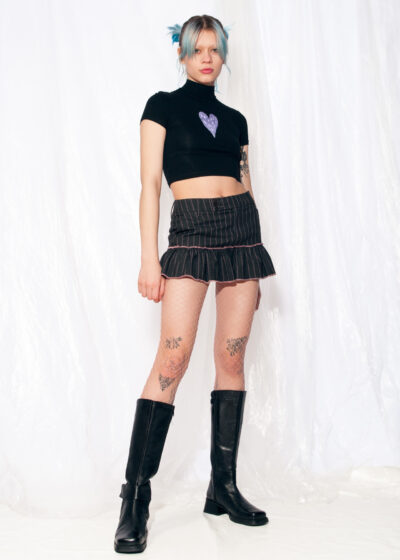 Vintage Skirt Y2K Reworked Frilly Mini in Grey Striped