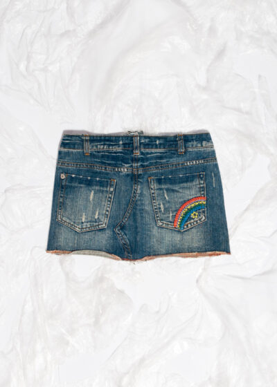 Vintage Y2K Denim Micro Skirt with Rainbow Embroidery