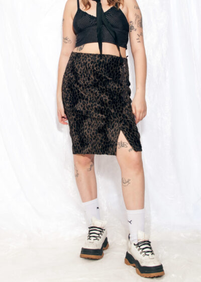 Vintage Skirt Y2K Plush Leopard Slit Midi in Brown