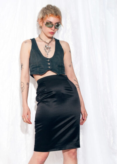 Vintage Ferre Skirt 80s High Rise Pencil Midi in Black Satin