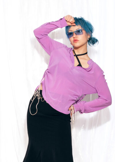 Vintage Silk Blouse Y2K Reworked Ruched Top in Purple