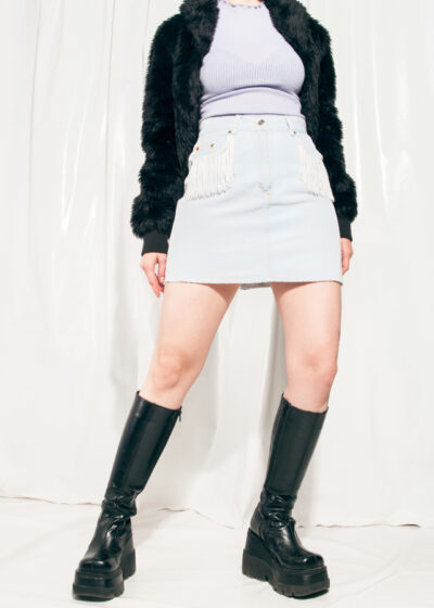 Vintage Skirt 90s Reworked Western Fringe Denim Mini